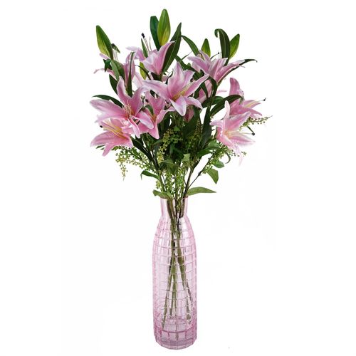 Artificial Pink Lily Flower Arrangement with Glass Vase (100cm)