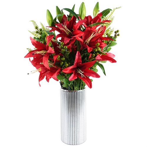 Artificial Red Lily Display Silver with Glass Vase (70cm)