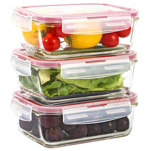 Vinsani Glass Food Containers, with Lids - 3 Piece Set